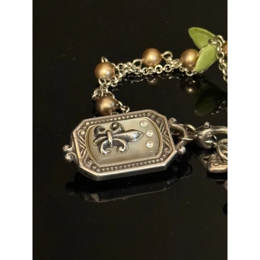 Brighton Fleur-de-Lis Mother of Pearl Heart Charm Pearl Double Strand Bracelet